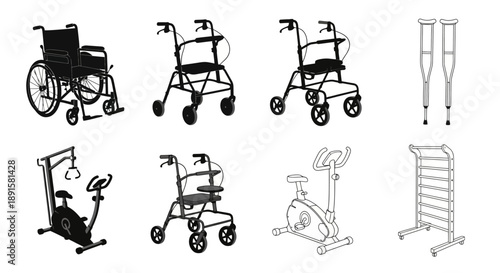 Assortment of mobility aids and assistive devices in black and white
