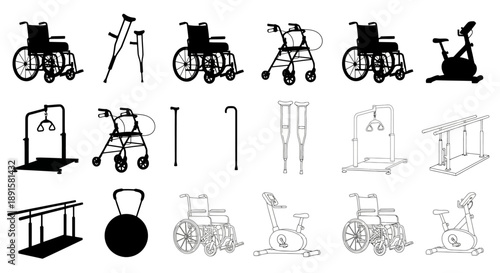 Collection of black silhouette outlines depicting various medical and assistive devices