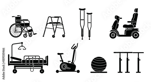 Variety of medical assistive devices shown in black and white silhouettes