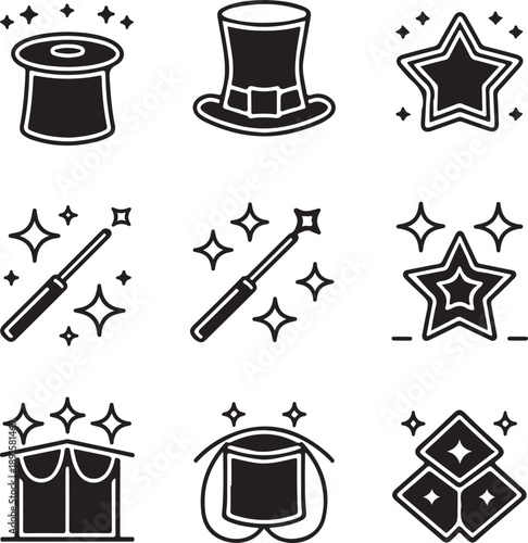 Magic icons with stars and top hats and wands