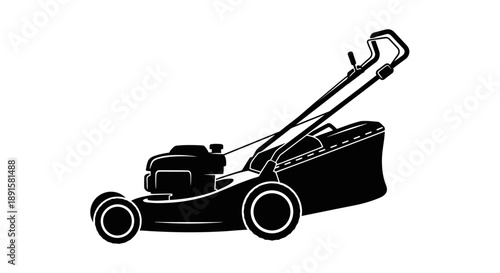 Black silhouette of a push lawn mower on a white background