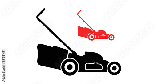 A simple illustration depicts a lawnmower in two color schemes