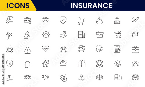 Insurance and assurance icon set. Containing healthcare medical, life, car, home, travel insurance icons.