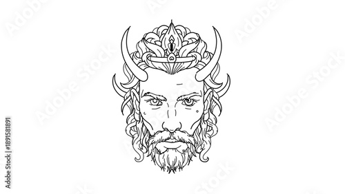 A minimalist line art illustration of a bearded man with horns and a crown on his head