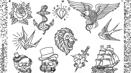 A collection of vintage tattoo designs including a rose, anchor, and eagle
