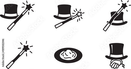 Black and white magic wand and top hat illustrations