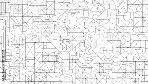 A minimalist vector graphic illustration of a complex geometric pattern composed of small squares and lines on a white background