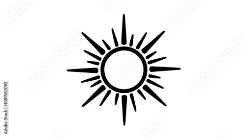 A simple black sun icon with rays on a white background