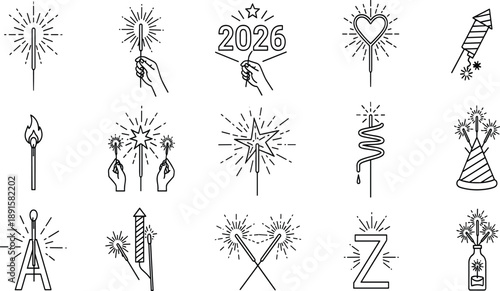 Collection of black line for celebrations and fireworks sparkler party new year