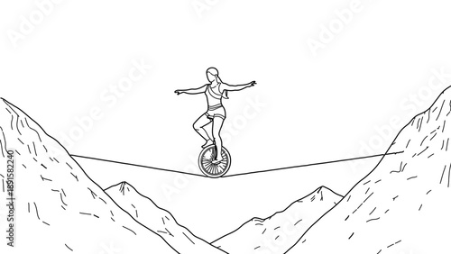 A minimalist line art illustration of a person balancing on a unicycle on a tightrope between two mountains