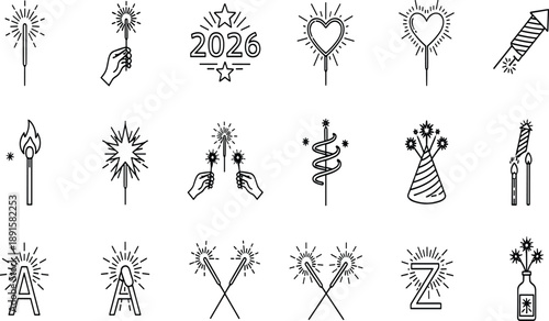 Collection of black line for celebrations and holidays sparkler firework new year