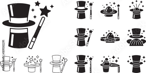 Black and white illustrations of magic hat and wand with various top hats