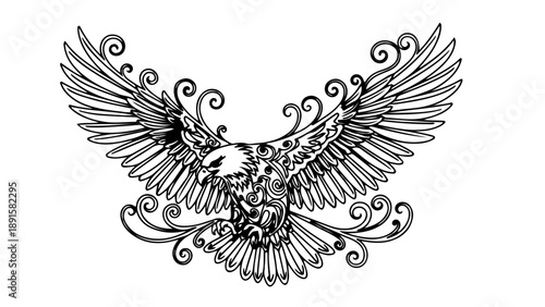 A black and white vector illustration of an eagle with outstretched wings and ornate details