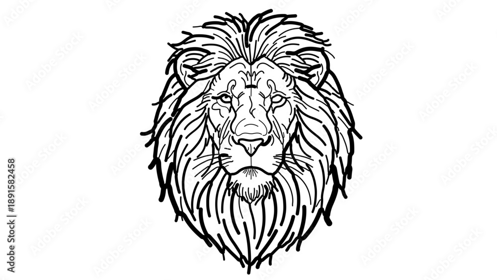 Obraz premium A majestic lion's head illustrated in a bold, black line art style with a solid white background