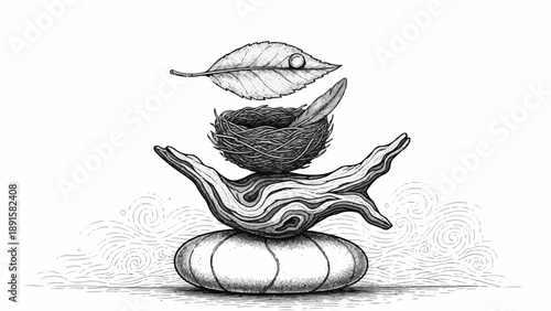 A delicate vector illustration of a hand cradling a nest with a leaf on top, symbolizing nature and care.
