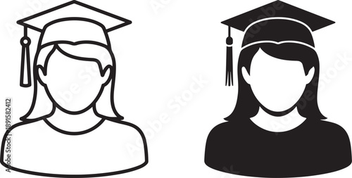 Two graduation cap icons one outlined one filled depicting female students