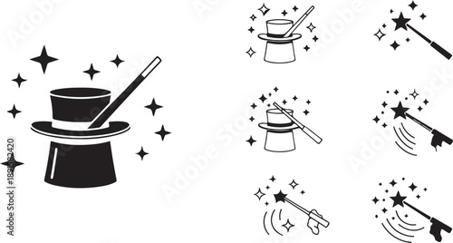 Black and white magic hat wand sparkles illustrations
