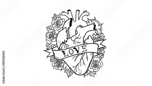 A delicate line art illustration of a heart surrounded by flowers and a banner with the word love