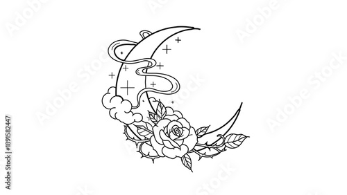 A minimalist vector illustration of a crescent moon with a rose and clouds in a simple line art style