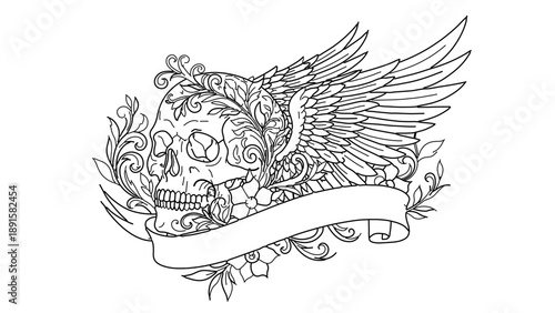 A detailed vector illustration of a skull with wings and floral elements