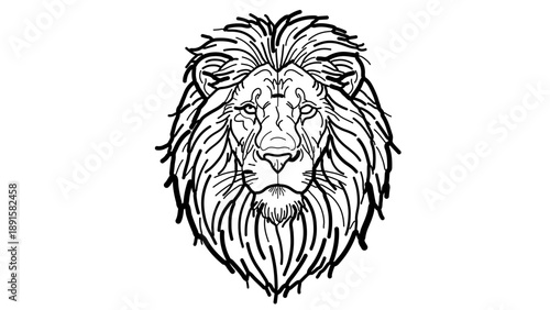 A majestic lion's head illustrated in a bold, black line art style with a solid white background