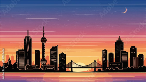 A vibrant city skyline at sunset with a suspension bridge and skyscrapers in a modern urban landscape