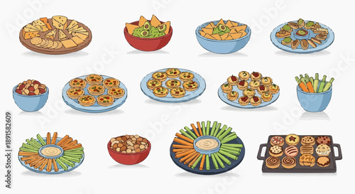 Assorted Food Items Displayed on Various Plates and Bowls, Featuring Snacks and Appetizers, Presented on a White Background