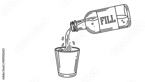 A minimalist line art illustration of a bottle pouring liquid into a glass