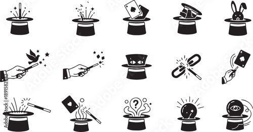 Black and white illustrations of magic tricks and illusions