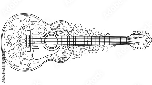 A beautifully designed vector illustration of an acoustic guitar with intricate floral patterns and swirling designs