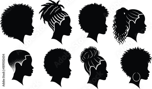 Eight Black Silhouette Profiles of Women with Diverse Hairstyles woman head