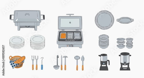 Vector illustration set of essential catering and buffet equipment. Features food warmers, serving utensils, dinnerware, and beverage dispensers