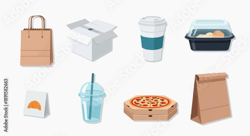 Various takeaway food containers and bags including pizza boxes coffee cups and lunch containers
