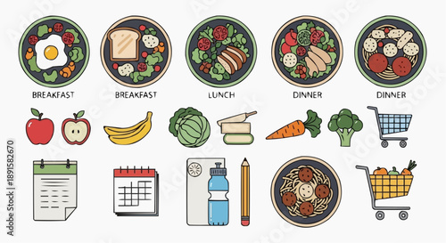 Comprehensive Vector Icon Collection for Healthy Eating, Daily Meal Planning, and Balanced Nutrition Tracking, Featuring Food Items and Lifestyle Elements