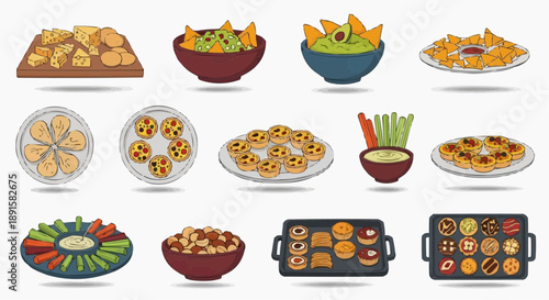 A vibrant collection of appetizers and snacks, including chips and dips, mini pizzas, and pastries, perfect for any party or gathering