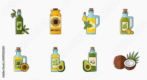 Collection of diverse cooking oils in bottles, including olive, sunflower, avocado, and coconut, highlighting their natural plant-based origins and healthy culinary uses