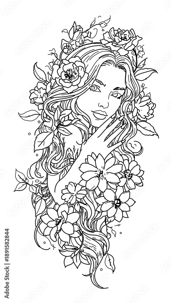 Fototapeta premium A delicate line art illustration of a woman's face surrounded by floral elements and foliage in a minimalist design style.