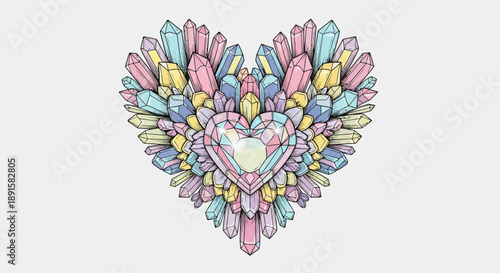 Colorful heart-shaped cluster of various crystals and gemstones illustration.