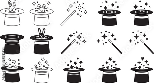 Black and white magic hat and wand illustrations