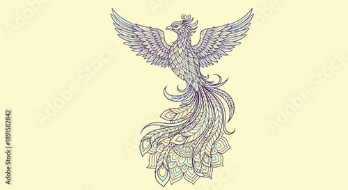 Intricate hand-drawn illustration of a mythical phoenix bird with detailed feathers and elegant design.