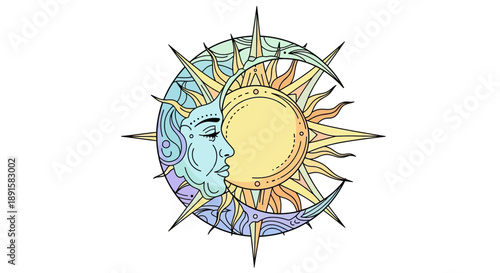 Artistic illustration of sun and moon with colorful tribal design.