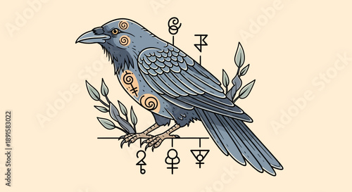 Mystical raven perched on a branch with alchemical symbols and botanical elements.