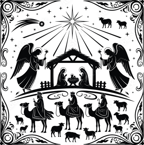 Nativity scene silhouette with baby Jesus, Mary, Joseph, angels, wise men, camels, star of Bethlehem, religious Christmas illustration, flat vector
