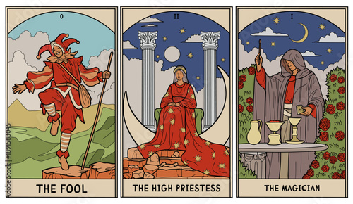 vintage vintage style deck of tarot cards. magical predictions of the future, mysterious characters.	
