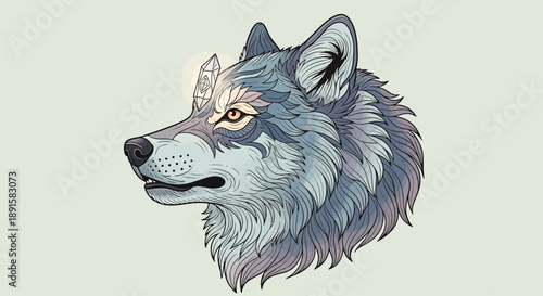 Detailed artistic illustration of a majestic wolf head in profile view.