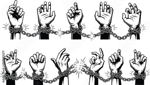Chained hands breaking free symbolize freedom, resistance, human rights, protest, unity, and liberation in powerful black and white illustration art for social justice concept design