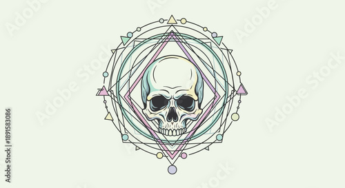 Intricate geometric design featuring a detailed human skull with overlapping shapes and lines.