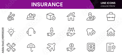 Insurance and assurance icon set. Containing healthcare medical, life, car, home, travel insurance icons.