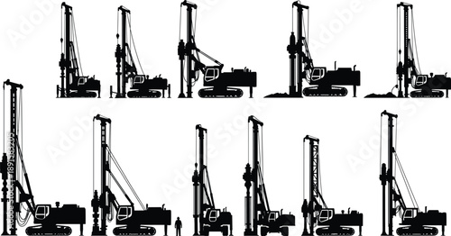 Construction Drilling Rig Silhouette Set Featuring Piling, Foundation and Borehole Machines, Black Vector Heavy Equipment Collection for Civil Engineering, Mining and Industrial Construction Projects 