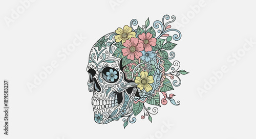 Intricately decorated skull with colorful floral and ornamental patterns.